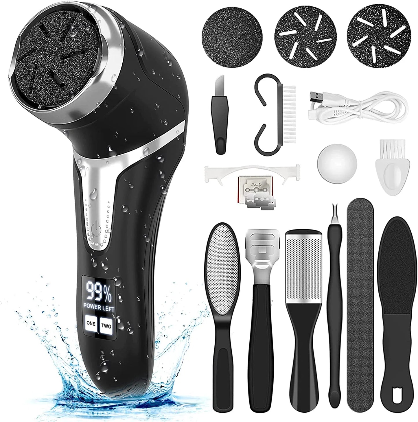 Electric Callus Remover for Feet, Portable Pedicure Kit Foot File Callus Remover, Rechargeable Waterproof Foot File for Foot Care Deadskin Remover with 3Head & LCD Display